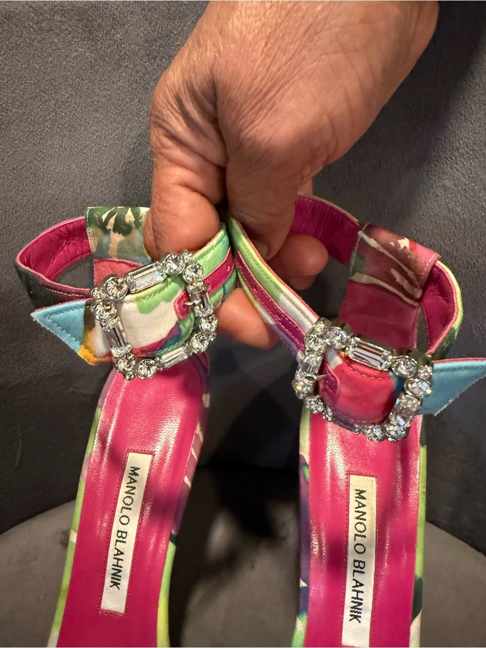 Manolo Blahnik Multicolor Satin Ankle-Strap Sandals with Pink Footbed - Picture 3 of 13